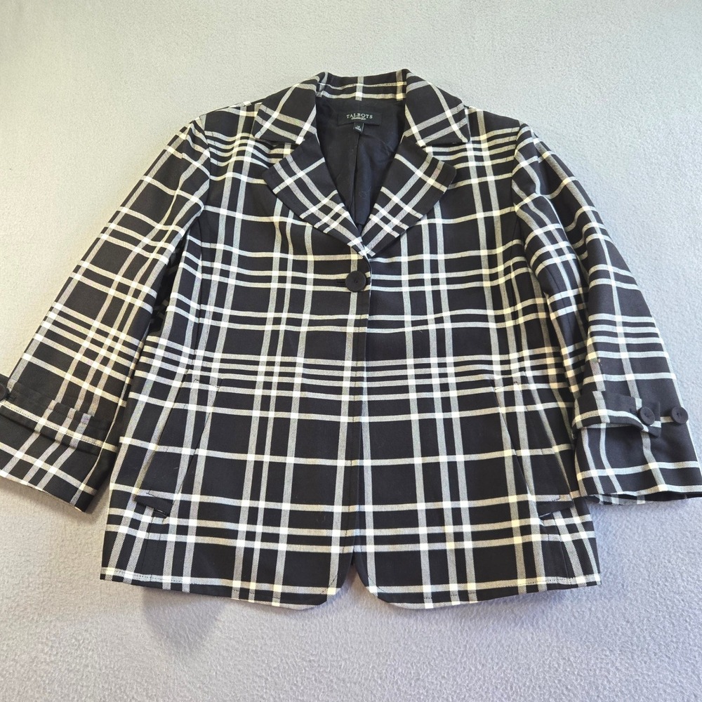 Talbots Blazer Womens 14 Black White Plaid Cotton Blend Single Button Jacket